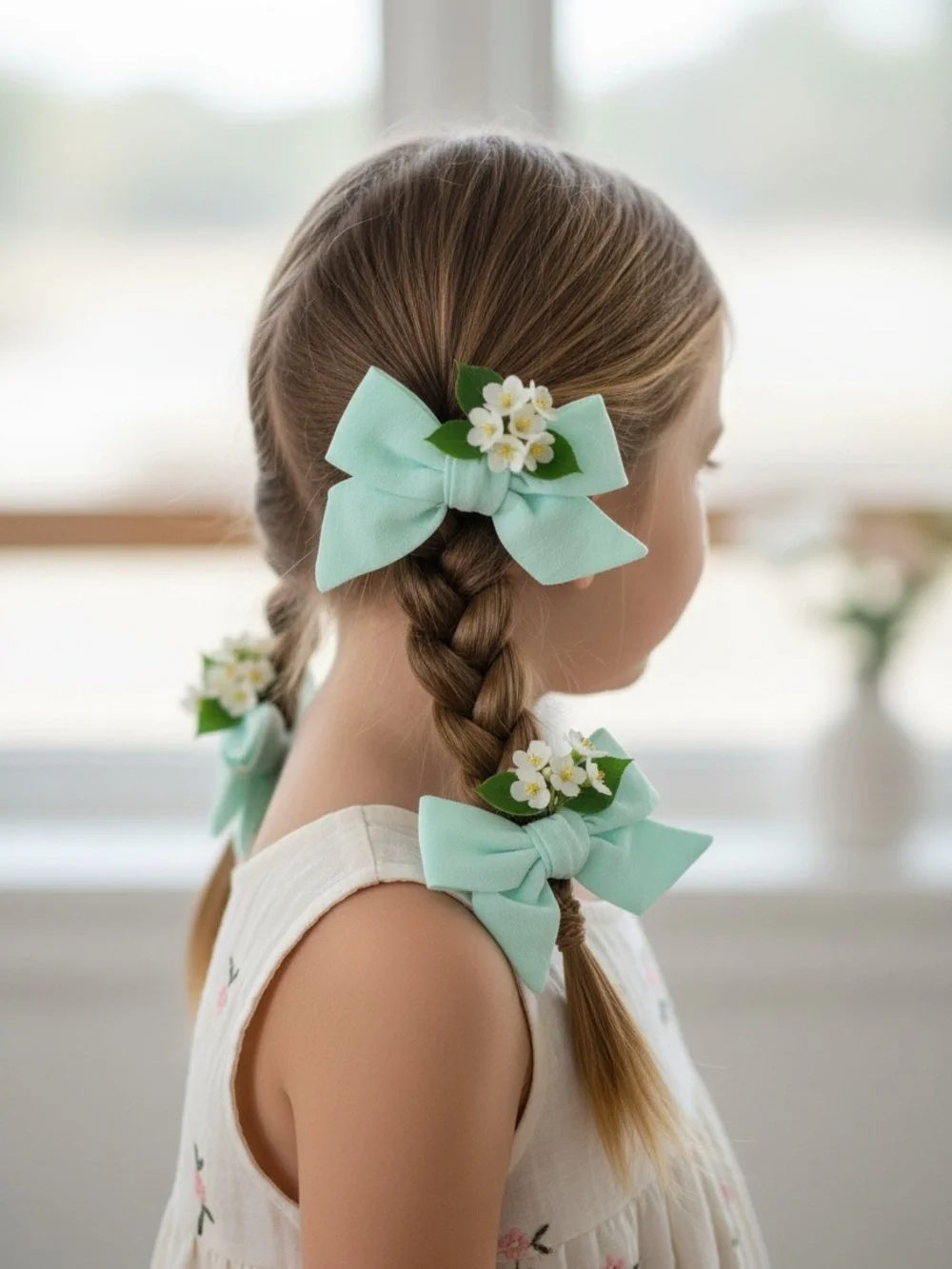 Set of 2 Mint Green Linen Hair Bows Cottagecore Classic Alligator Clips